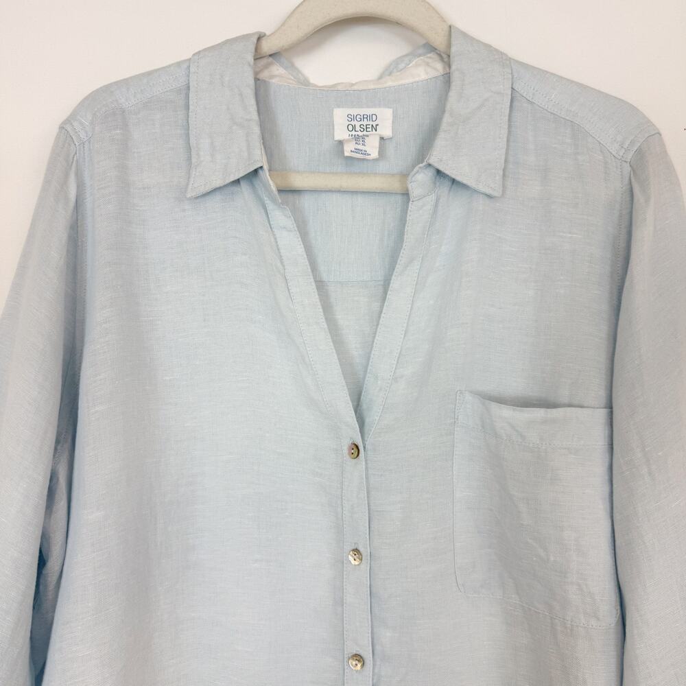 Sigrid Olsen 100% Linen Light Blue Button Down Long Sleeve Top Women's XL - Picture 2 of 12
